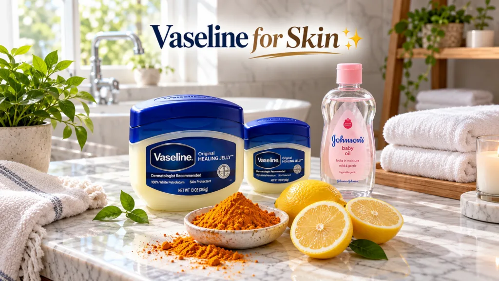 A marble bathroom vanity with skincare products and natural ingredients Two tubs of Vaseline Healing Jelly a bottle of J