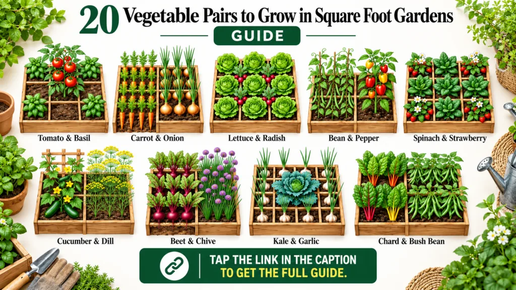 An illustrative grid of nine distinct raised square-foot garden beds each showcasing a companion planting pair of vegeta