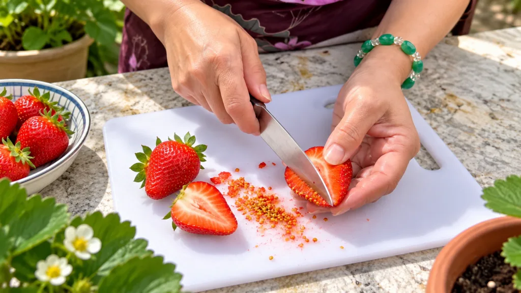 A person s hands expertly slicing a fresh strawberry on a white cutting board with visible seeds and juice A green plant
