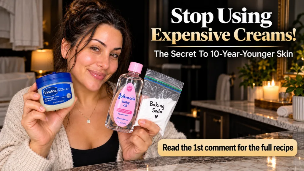 A smiling woman holding up a jar of Vaseline a bottle of baby oil and a bag of baking soda with soft warm lighting