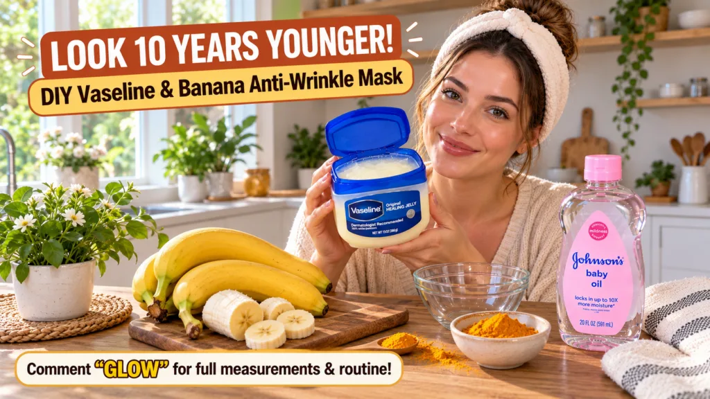 A smiling woman holding an open jar of Vaseline with a soft-focus kitchen background On a wooden surface in front of her