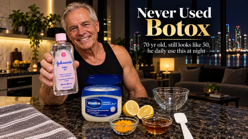 A smiling fit older man holding a bottle of Johnson s Baby Oil towards the camera with Vaseline lemon halves turmeric an