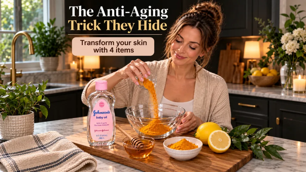 A woman preparing a DIY face mask with turmeric honey and baby oil as shown in the source image