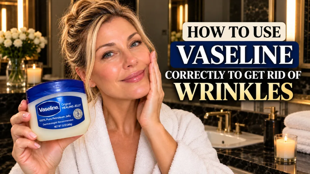 A blonde woman in a white bathrobe holding a jar of Vaseline Original Healing Jelly gently touching her cheek The backgr