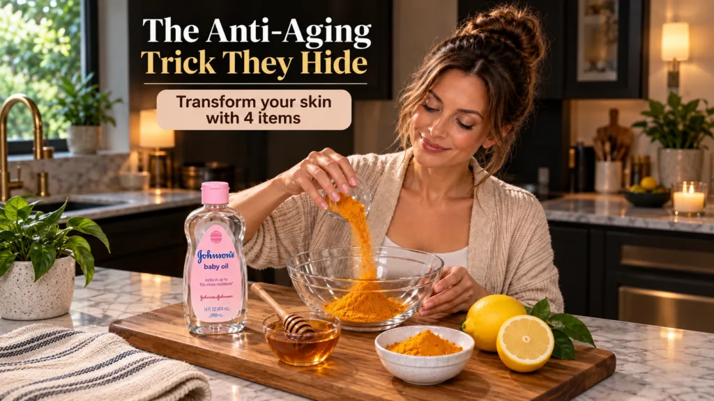 A woman smiling as she pours vibrant yellow turmeric powder into a glass mixing bowl surrounded by ingredients like hone