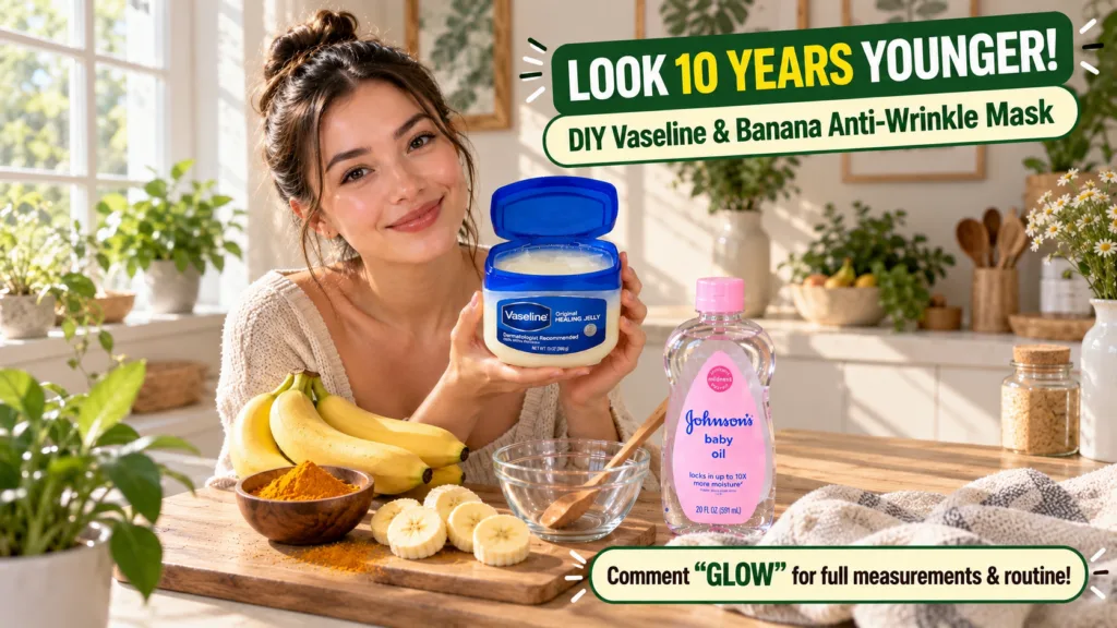 A smiling young woman holds an open container of Vaseline with banana turmeric and baby oil on a wooden table in a brigh