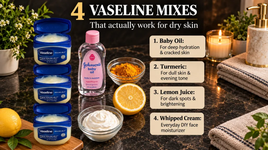 An infographic showing four different Vaseline mixes for dry skin including jars of Vaseline with baby oil turmeric powd