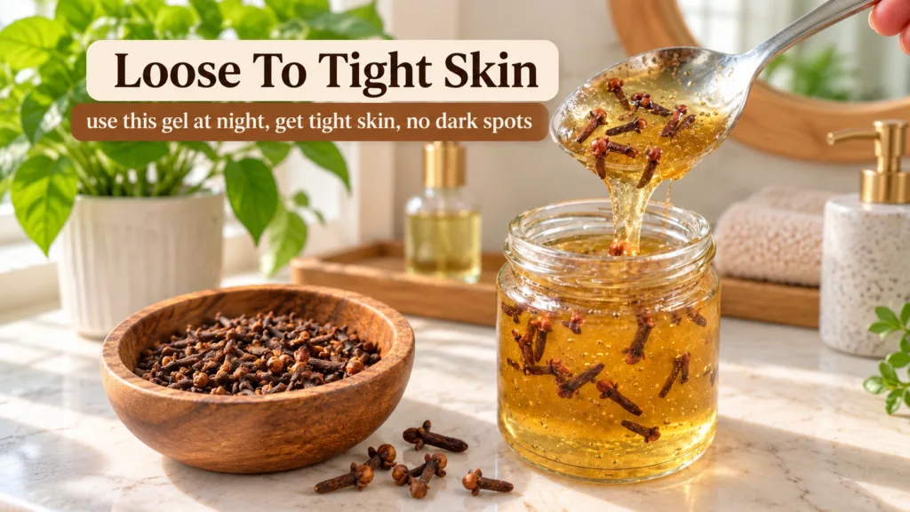 A spoon pouring thick golden clove-infused liquid into a glass jar with whole cloves in a wooden bowl nearby The backgro