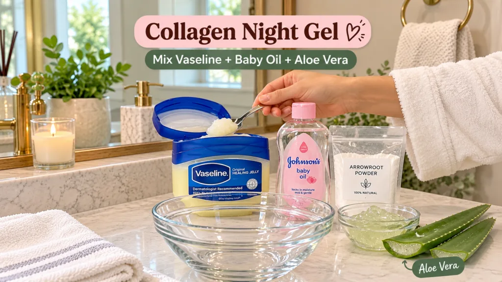 Ingredients for homemade collagen night gel on a bathroom counter with a hand scooping Vaseline surrounded by baby oil a