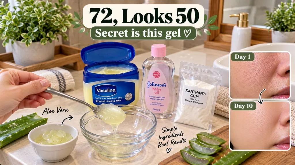 A vertical collage showing ingredients for a DIY beauty gel aloe vera petroleum jelly baby oil xanthan gum a hand mixing