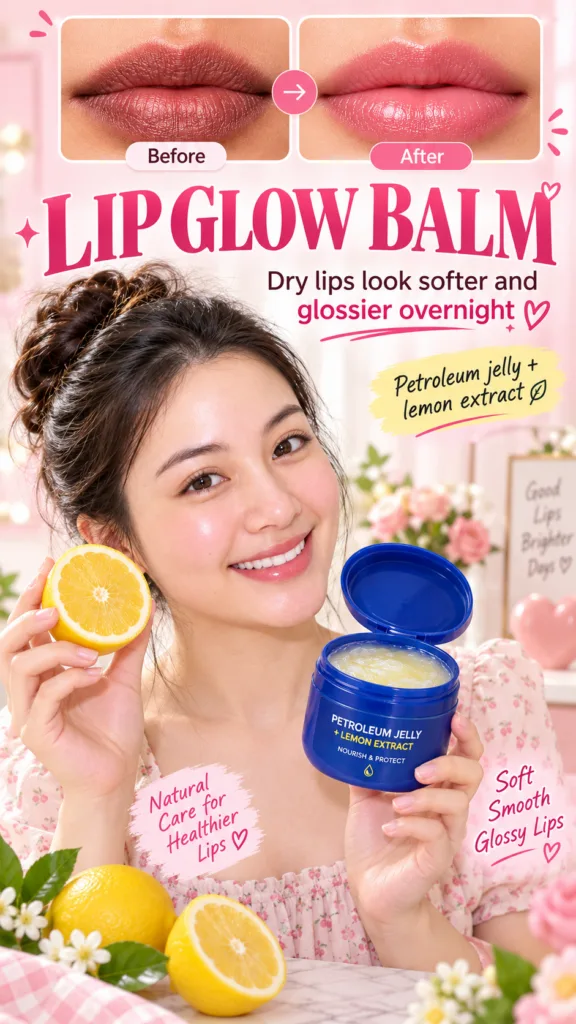 Close-up comparison of dry lips turning soft and glossy with a blue lip balm jar and lemon in the background