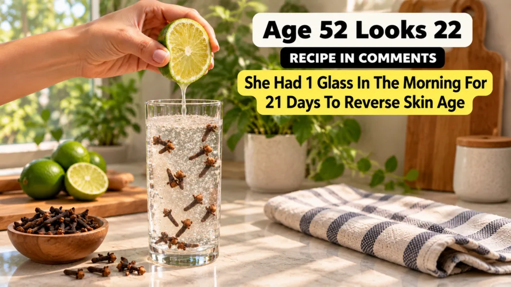 A hand squeezing a lime half dripping juice into a glass of sparkling water infused with whole cloves with a blurred gre