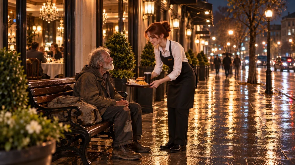 An elderly man with a long beard dressed in worn clothing seated on a wet park bench looking up at a young waitress with