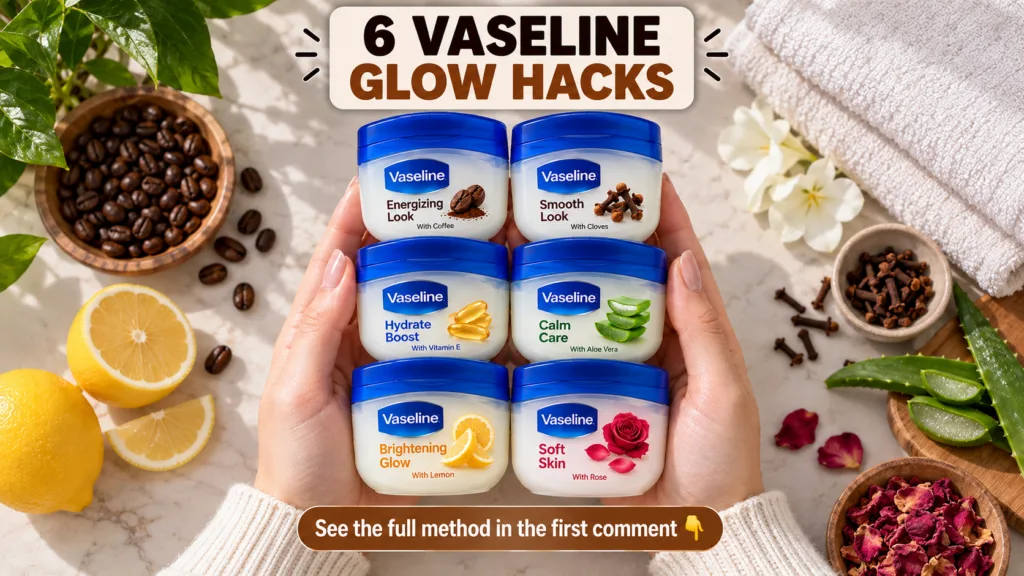 Two hands holding six small jars of Vaseline each labeled with a natural ingredient for a glow hack such as coffee clove