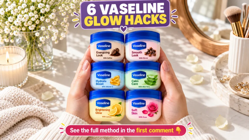 A pair of hands gently holding a stack of six Vaseline jars each customized with different natural ingredients like coff
