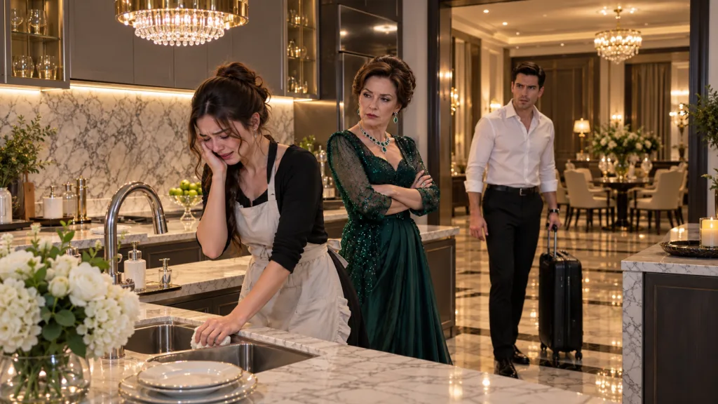 A dramatic scene in a luxurious kitchen A young woman in an apron cries by the sink an elegantly dressed older woman sta