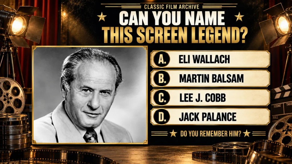 A black and white portrait of a smiling middle-aged man framed within a vintage-style movie quiz graphic with the questi