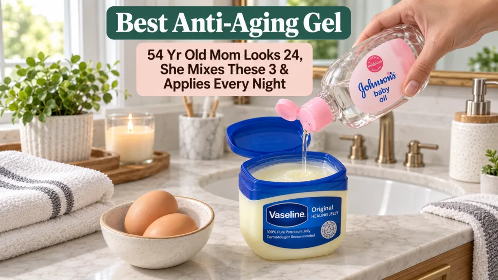 A close-up shot of Johnson s baby oil being poured into an open container of Vaseline Original Healing Jelly on a bathro