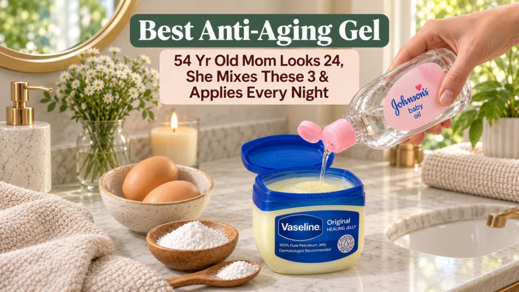A hand pouring Johnson s baby oil into an open tub of Vaseline Original Healing Jelly on a marble countertop with two br