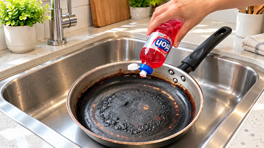 A hand pouring red dish soap from a bottle into a heavily burnt cooking pan inside a stainless steel kitchen sink