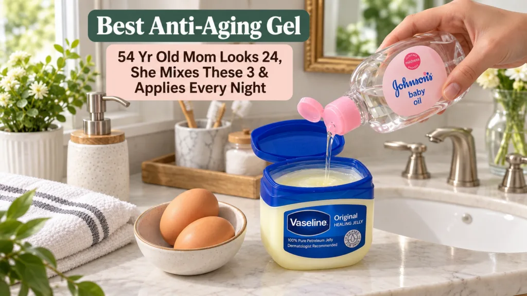 A hand pouring baby oil into a container of Vaseline set on a clean bathroom counter with a small bowl of eggs and folde