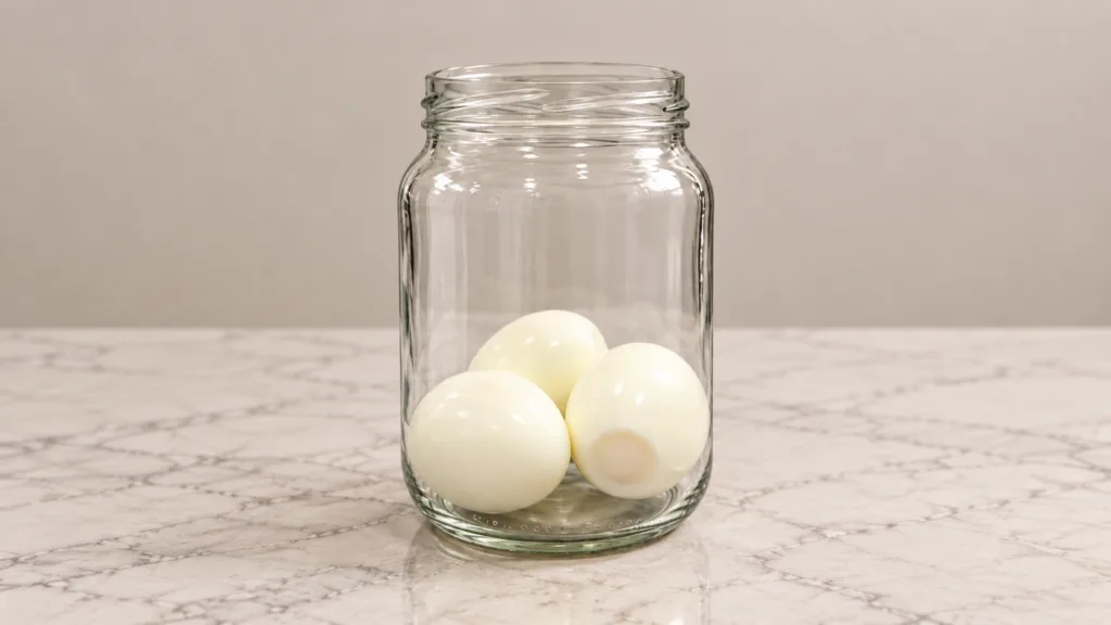 Three perfectly peeled plant-based hard-boiled eggs or firm tofu cubes uniformly white and smooth resting inside a clear