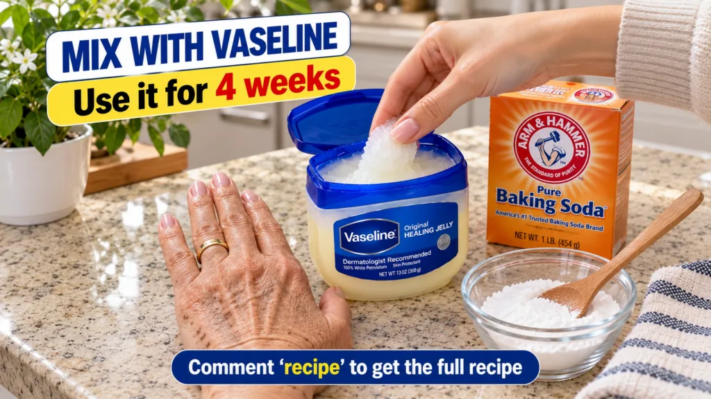 A youthful hand scooping Vaseline from a jar next to a box of baking soda and a bowl of white powder with an older hand 