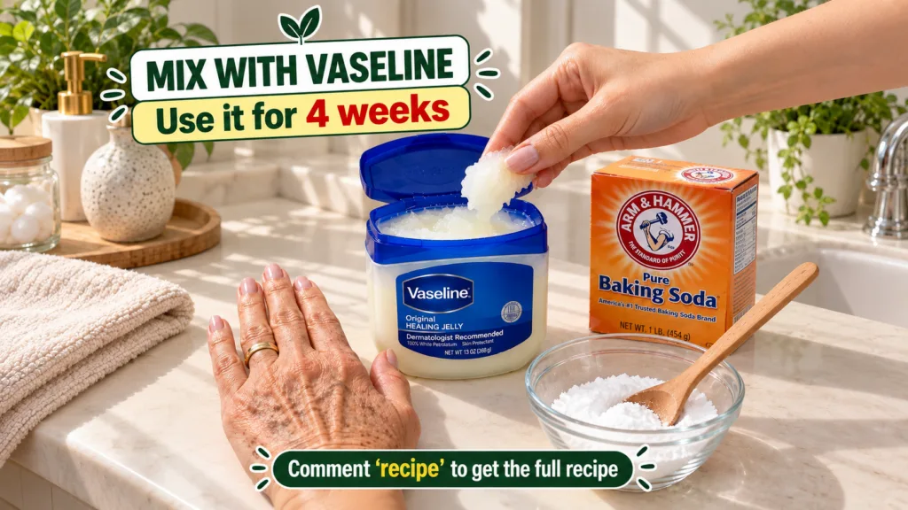 A close-up of hands mixing Vaseline and baking soda in a small bowl with the ingredients clearly visible on a wooden tab