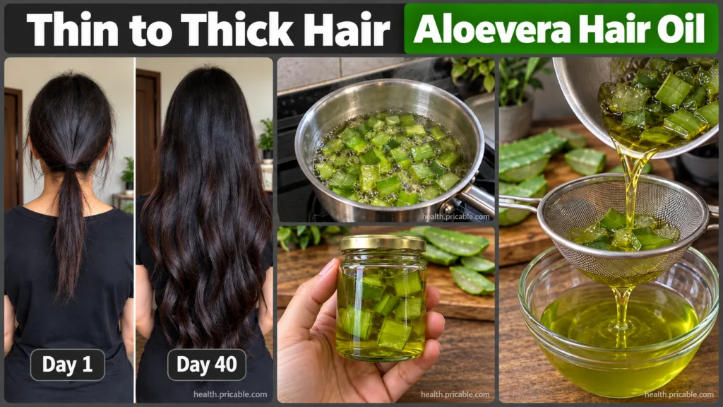 Collage showing before-and-after thin to thick hair aloe vera simmering in oil a jar of green aloe vera oil and the oil 