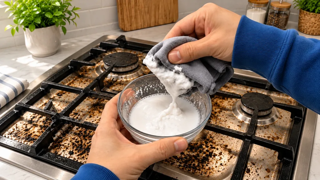 Close-up overhead view of hands holding a glass bowl filled with a white foamy cleaning liquid with a grey microfiber cl