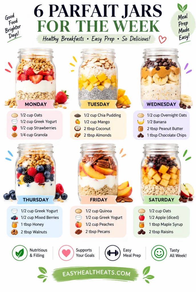 A collection of six vibrant layered parfait jars each with distinct ingredients like berries granola nuts and yogurt arr