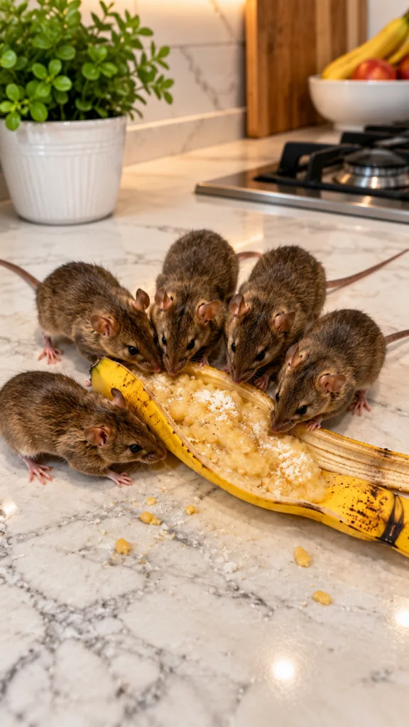 Five small brown rats feeding on a banana peel with mashed banana on a kitchen countertop with a blurred kitchen backgro