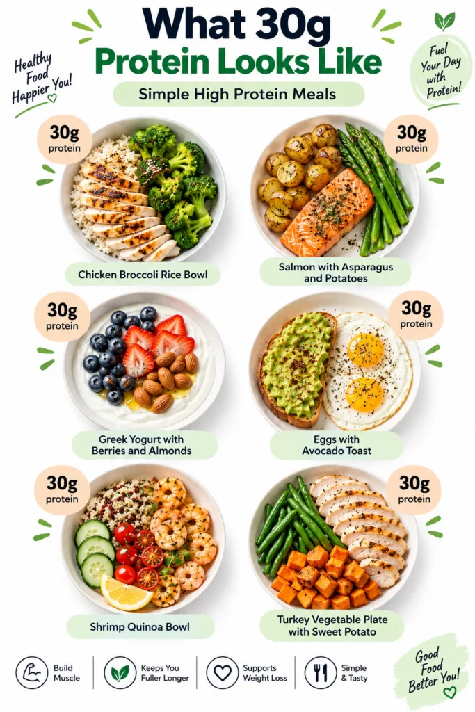 An infographic titled What 30g Protein Looks Like displaying six different healthy meal bowls in a grid each styled to s
