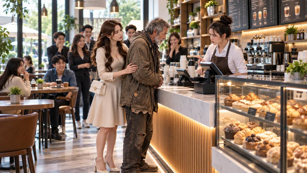 A well-dressed woman stands protectively beside an elderly disheveled man facing a young barista who appears to be quest