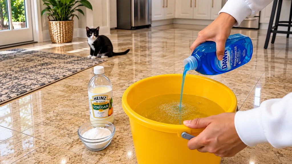 Manos vertiendo jabón azul en un cubo amarillo con agua vinagre y bicarbonato con un gato blanco y negro observando en e