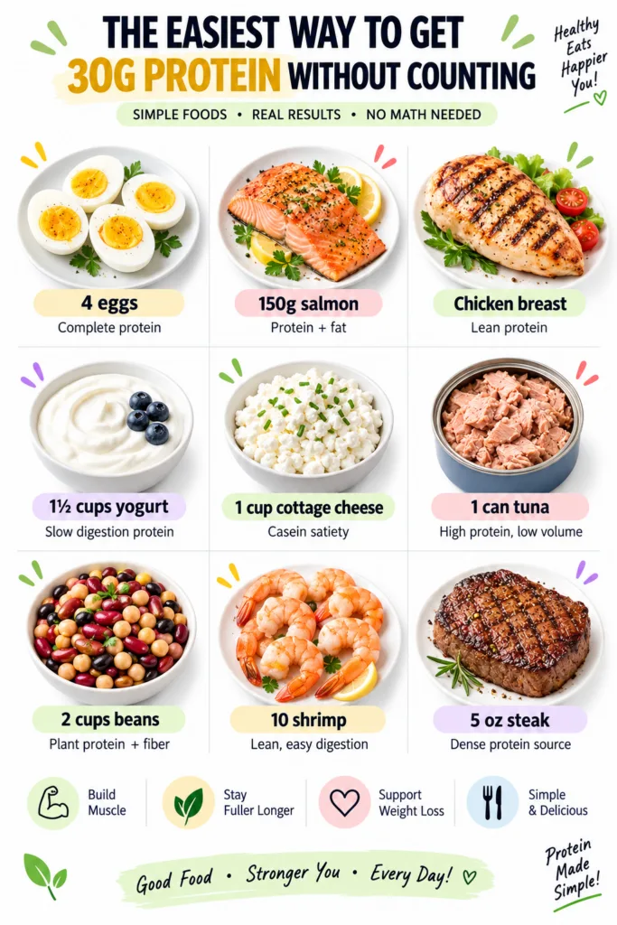 An infographic showing nine different protein-rich food options each with a serving size and a brief description of its 