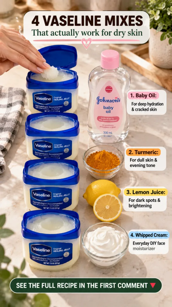 A flat lay showing a tub of Vaseline a bottle of baby oil and a small dish with a mixture of both next to a hand applyin