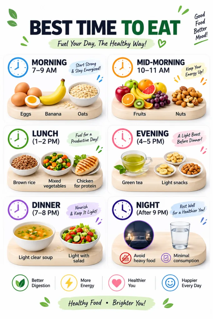 An infographic showing ideal meal times and healthy food choices throughout the day including breakfast mid-morning snac