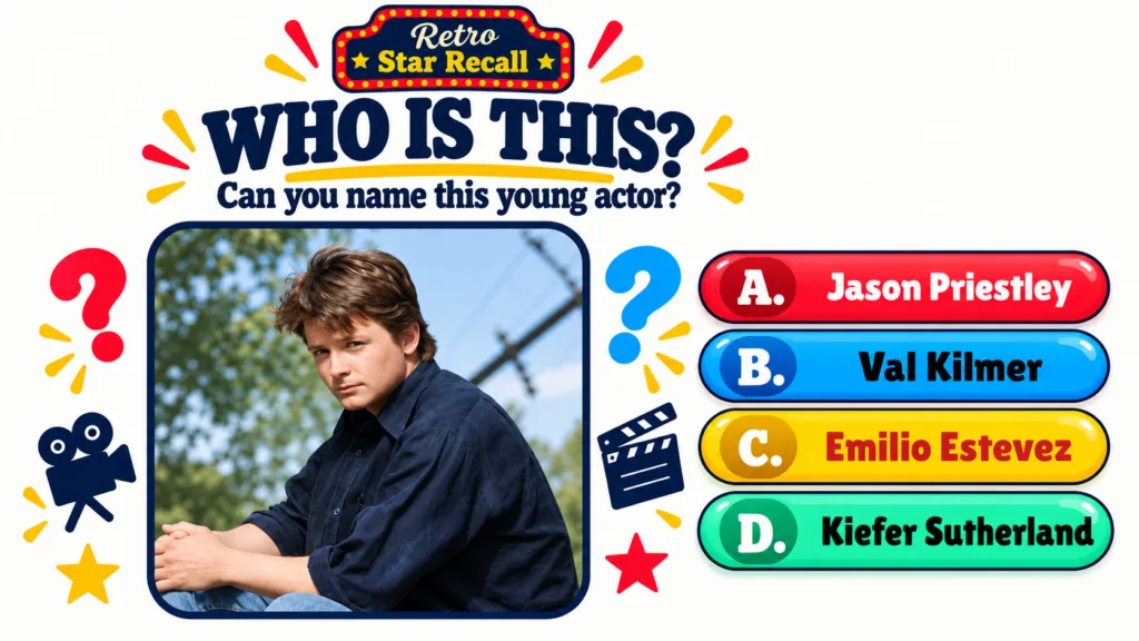 A retro-style quiz graphic asking WHO IS THIS with a central portrait of a young Michael J Fox outdoors in a dark blue s