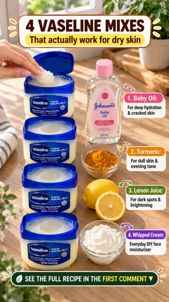 A hand scooping Vaseline from an open jar with other small jars of Vaseline arranged vertically Various natural ingredie