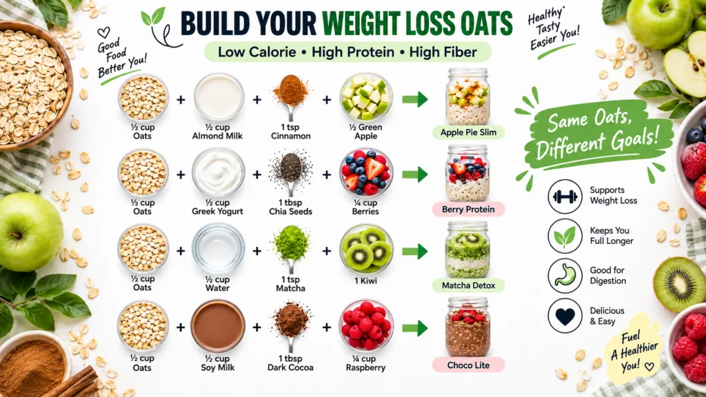 An infographic showing four different overnight oat recipes for weight loss with ingredients and prepared jars for each
