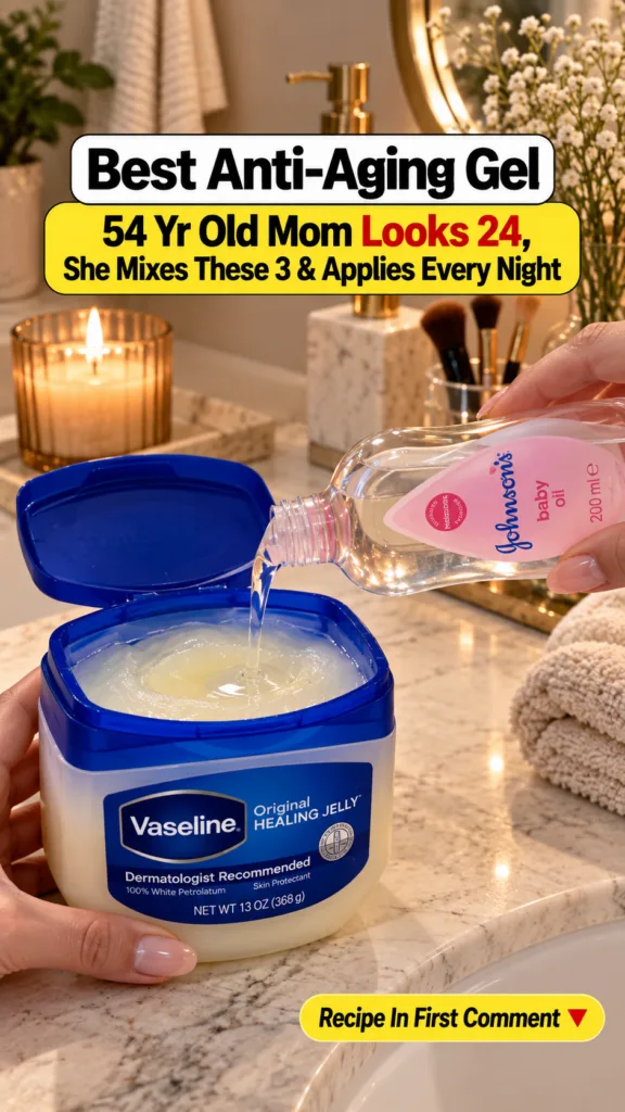 A close-up of a female hand pouring Johnson s Baby Oil into a small tub of Vaseline Original Healing Jelly set on a luxu