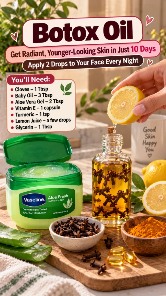 A vibrant flat lay of ingredients for a DIY Botox Oil including a hand squeezing a fresh lemon a small bottle filled wit
