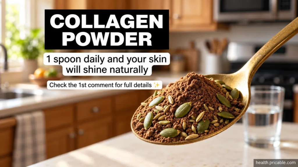 A golden spoon filled with a brown powder blend green pumpkin seeds and light brown fennel seeds ready for daily consump
