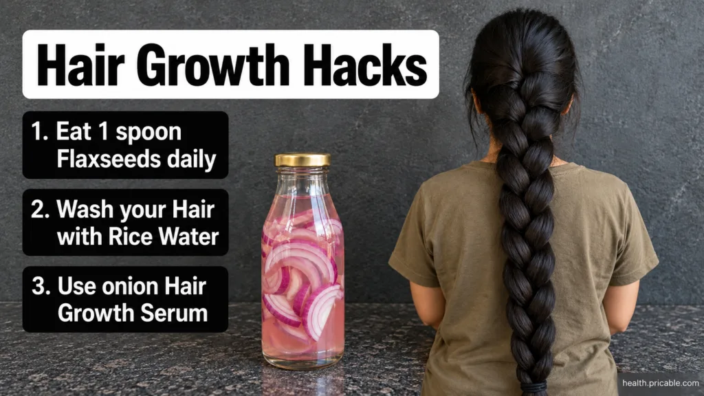 A small clear glass bottle filled with a pinkish liquid and red onion slices symbolizing an onion hair growth serum set 