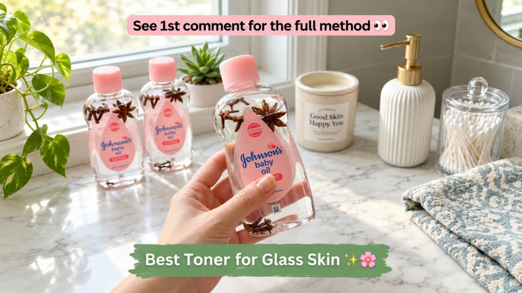 A hand holding a clear bottle filled with a light oil cloves and star anise against a blurred background of a bathroom v