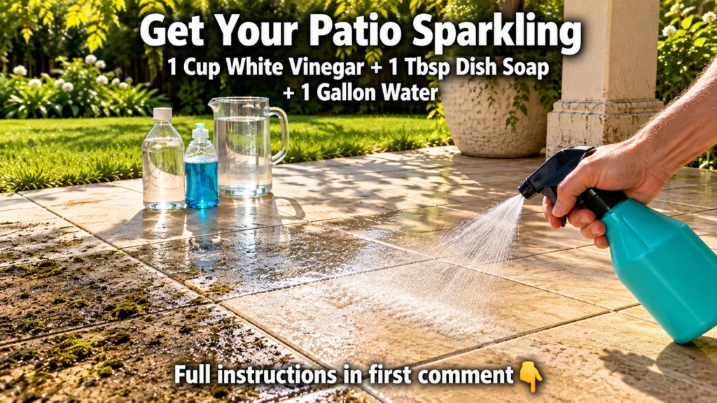 A hand holding a black trigger spray bottle actively spraying a mist onto a light brown tiled outdoor floor with a plant