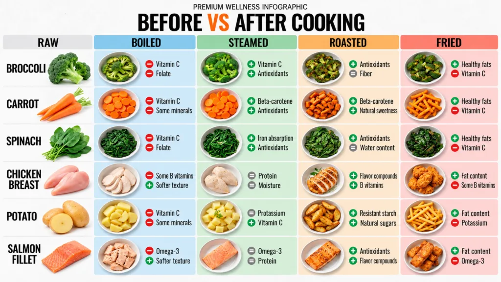 An infographic comparing raw food items broccoli carrots spinach chicken potatoes salmon with their boiled steamed roast