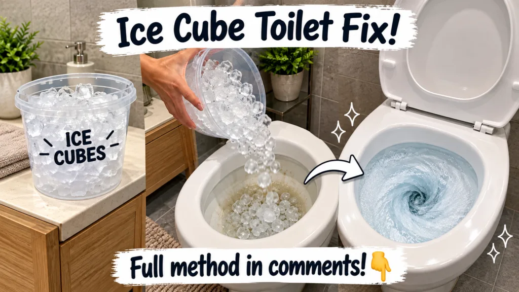 A person pouring a large bucket of ice cubes into an open white toilet bowl which is nearly full of ice