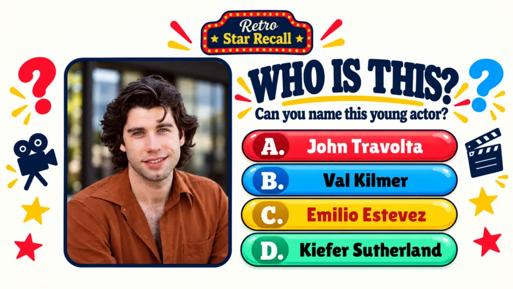 A vibrant retro-themed celebrity quiz card featuring a central portrait of a smiling young man with dark curly hair and
